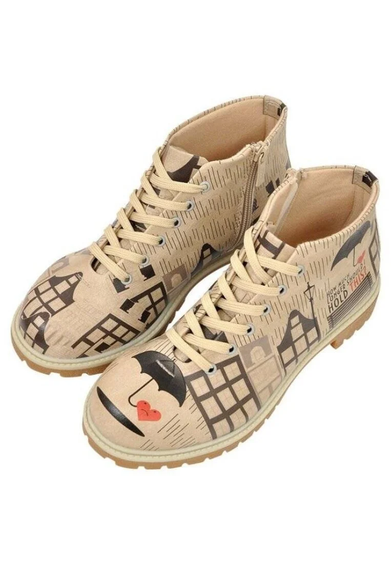 Femme Cuir Vegan Beige Bottines Zippées - Lonely Heart Motif