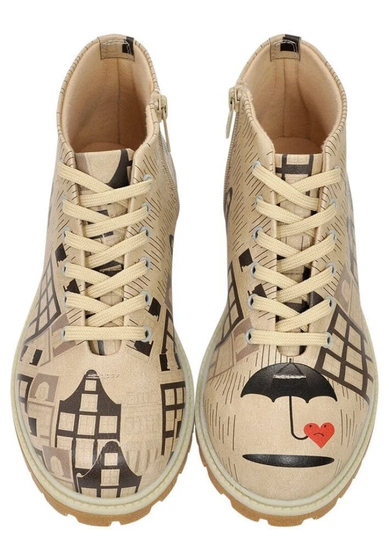 Femme Cuir Vegan Beige Bottines Zippées - Lonely Heart Motif