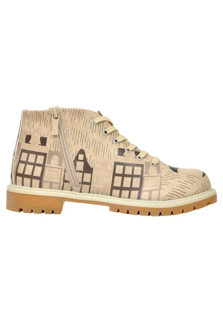 Femme Cuir Vegan Beige Bottines Zippées - Lonely Heart Motif