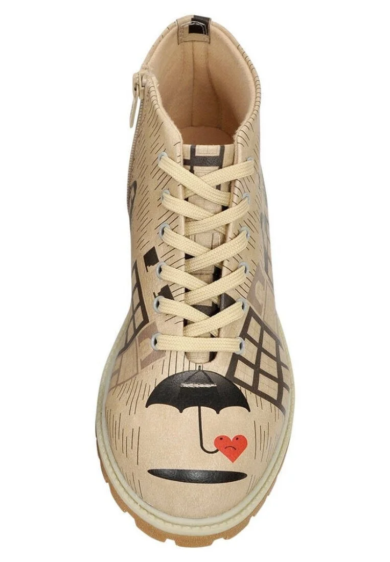 Femme Cuir Vegan Beige Bottines Zippées - Lonely Heart Motif