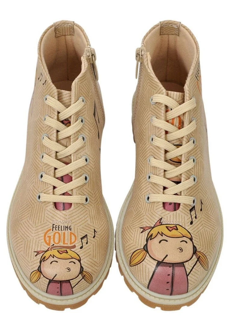 Femme Cuir Vegan Beige Bottines Zippées - Feeling Gold Motif