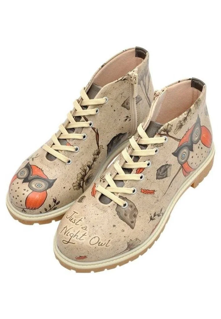 Femme Cuir Vegan Beige Bottines Zippées - Night Owl Motif