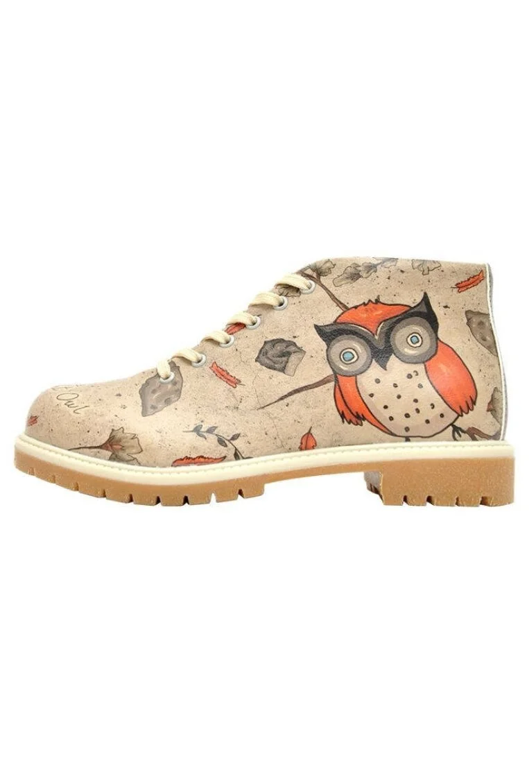 Femme Cuir Vegan Beige Bottines Zippées - Night Owl Motif