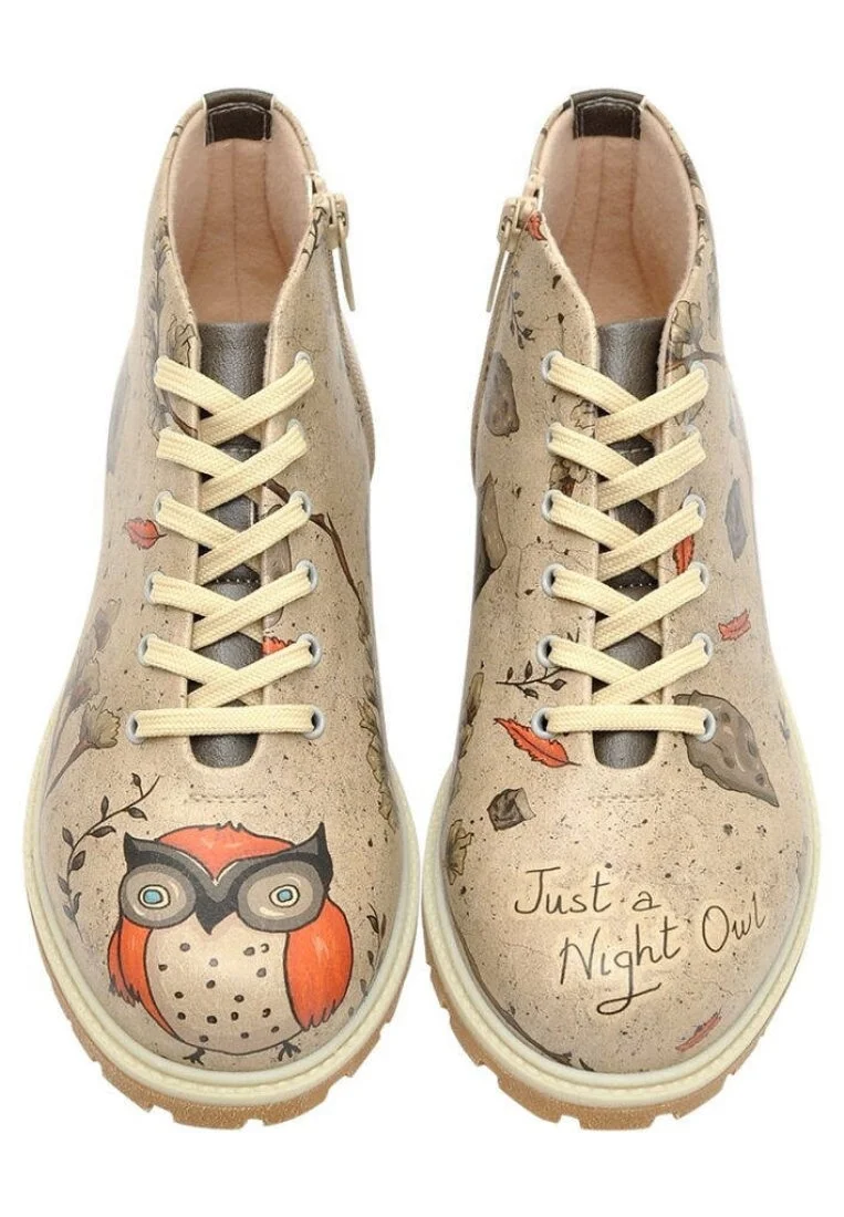 Femme Cuir Vegan Beige Bottines Zippées - Night Owl Motif