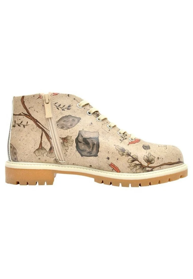 Femme Cuir Vegan Beige Bottines Zippées - Night Owl Motif