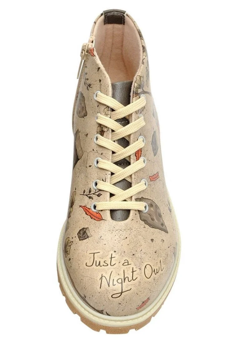Femme Cuir Vegan Beige Bottines Zippées - Night Owl Motif