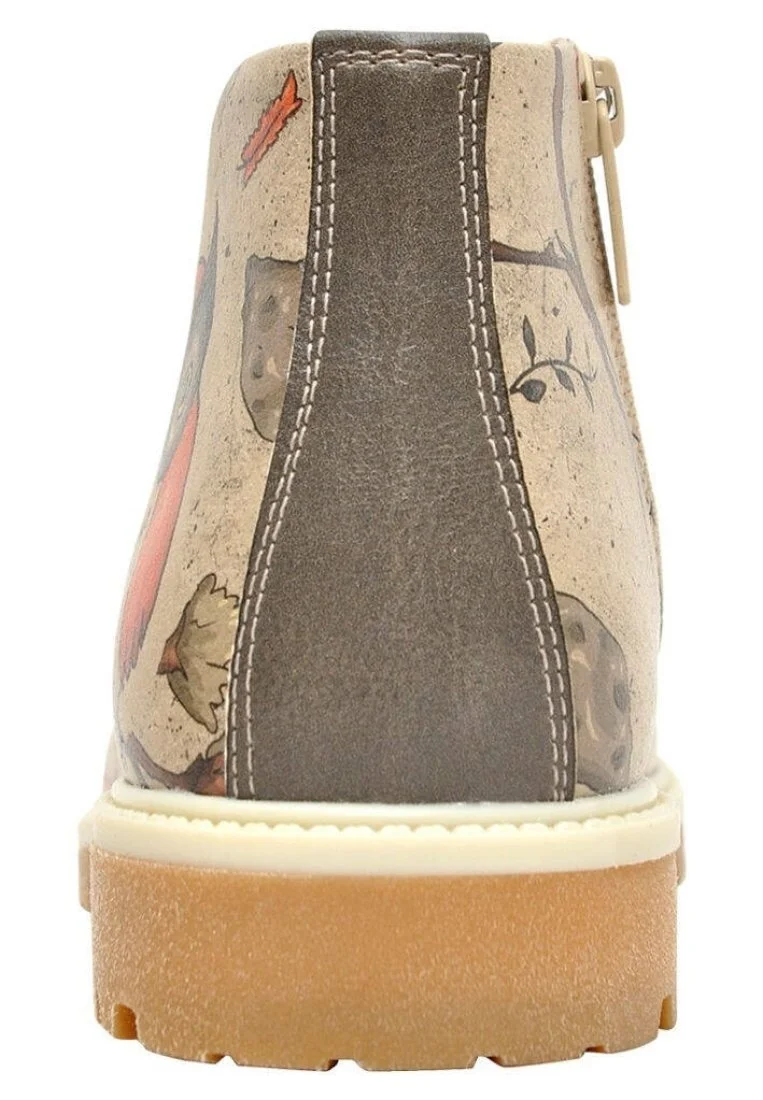 Femme Cuir Vegan Beige Bottines Zippées - Night Owl Motif