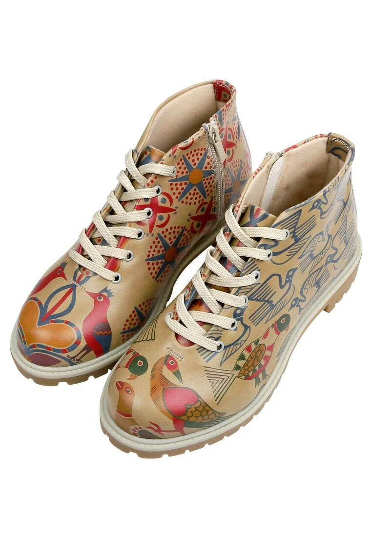 Femme Cuir Vegan Beige Bottines Zippées - Love Birds Motif