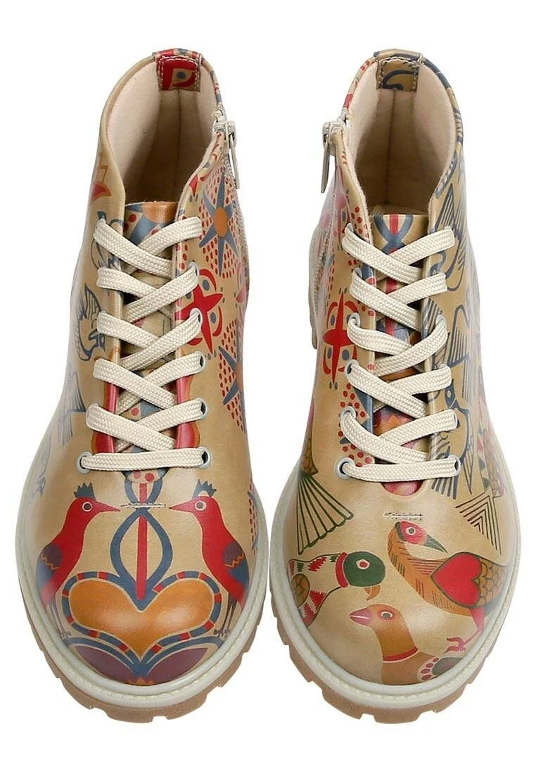 Femme Cuir Vegan Beige Bottines Zippées - Love Birds Motif