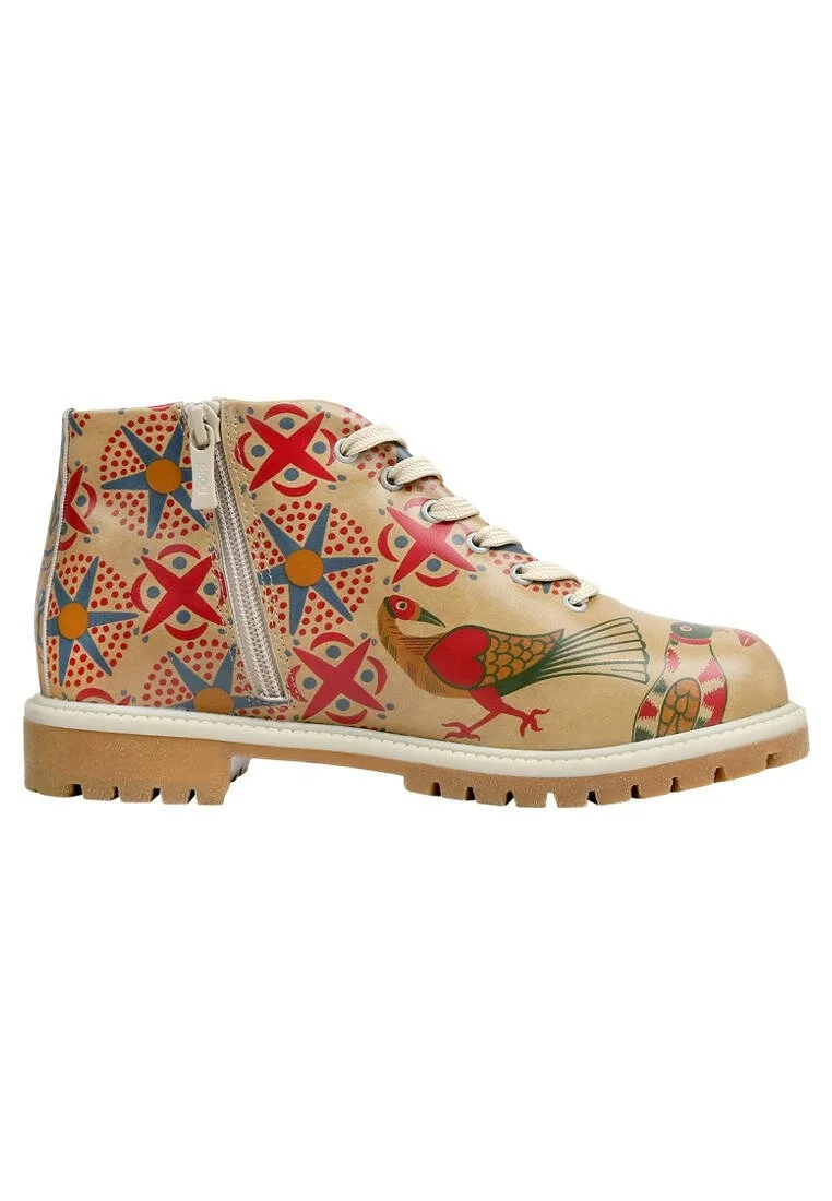 Femme Cuir Vegan Beige Bottines Zippées - Love Birds Motif