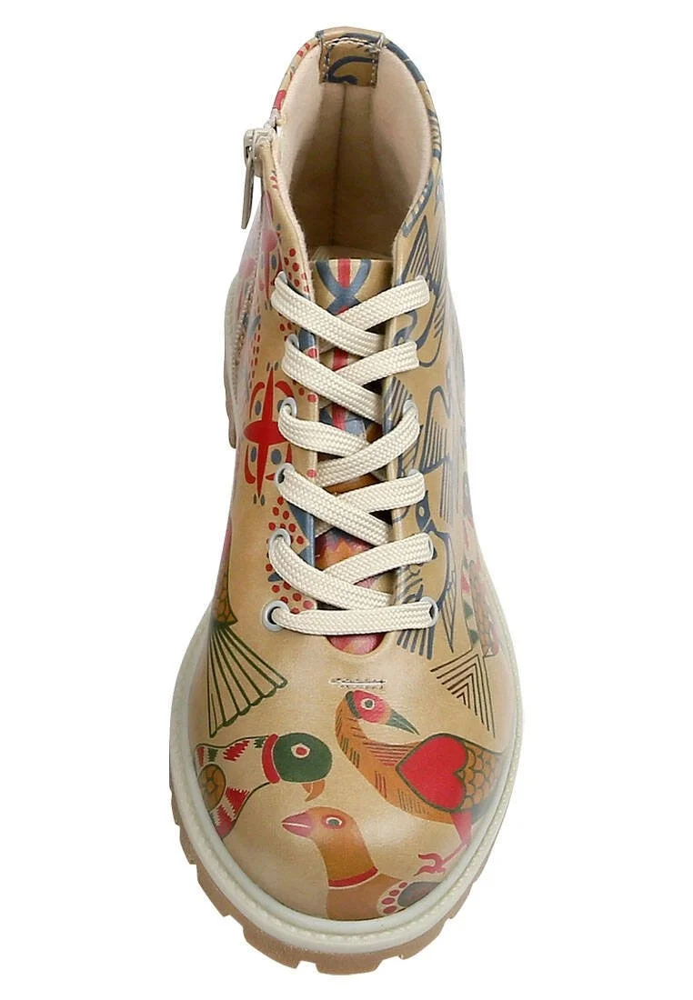 Femme Cuir Vegan Beige Bottines Zippées - Love Birds Motif