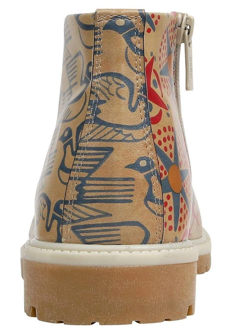 Femme Cuir Vegan Beige Bottines Zippées - Love Birds Motif