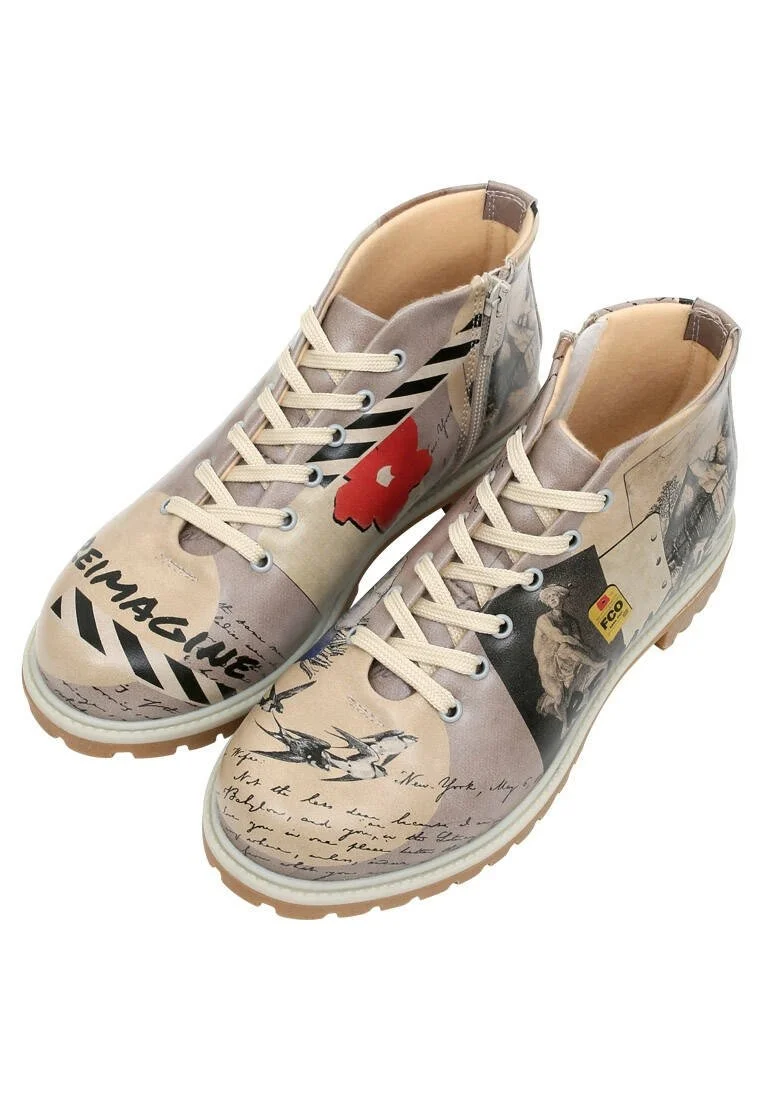 Femme Cuir Vegan Beige Bottines Zippées - Reimagine Motif