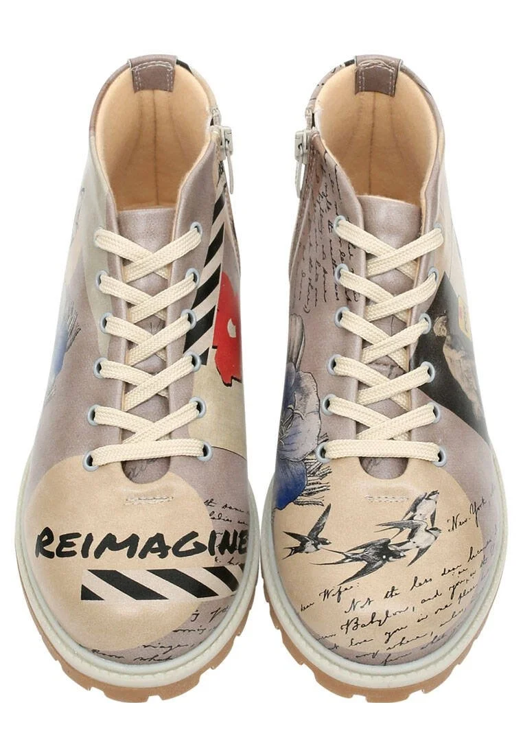 Femme Cuir Vegan Beige Bottines Zippées - Reimagine Motif
