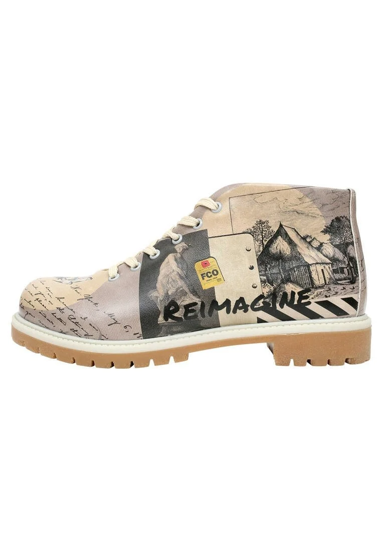 Femme Cuir Vegan Beige Bottines Zippées - Reimagine Motif