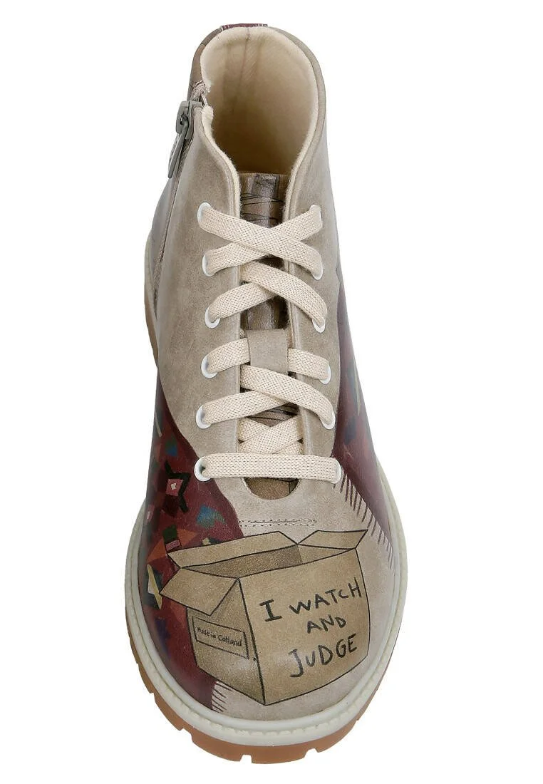 Femme Cuir Vegan Beige Bottines Zippées - I Watch and Judge Motif