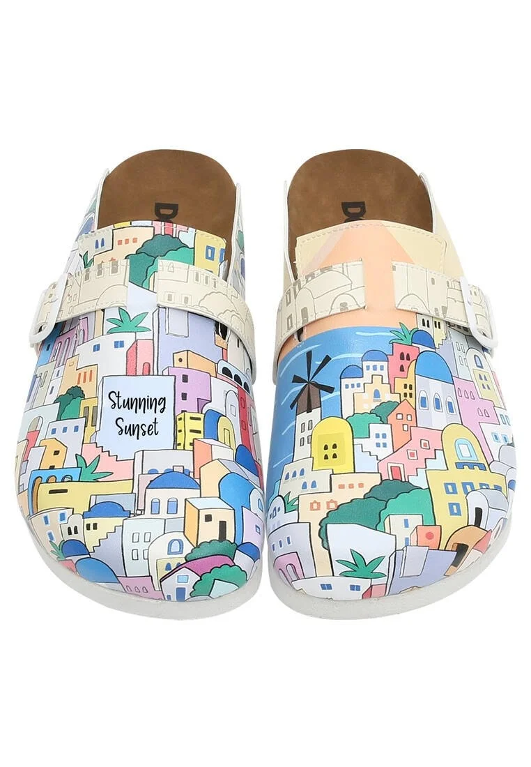 Femme Cuir Vegan Beige Chaussons - Stunning Sunset Motif
