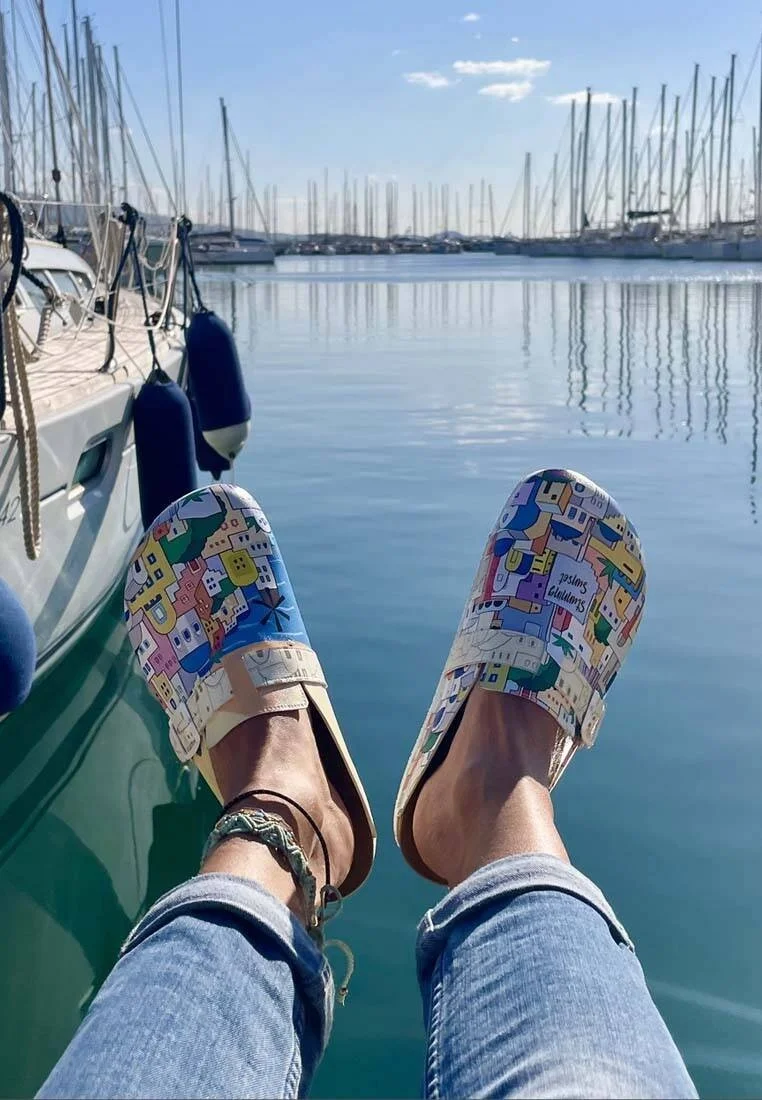 Femme Cuir Vegan Beige Chaussons - Stunning Sunset Motif