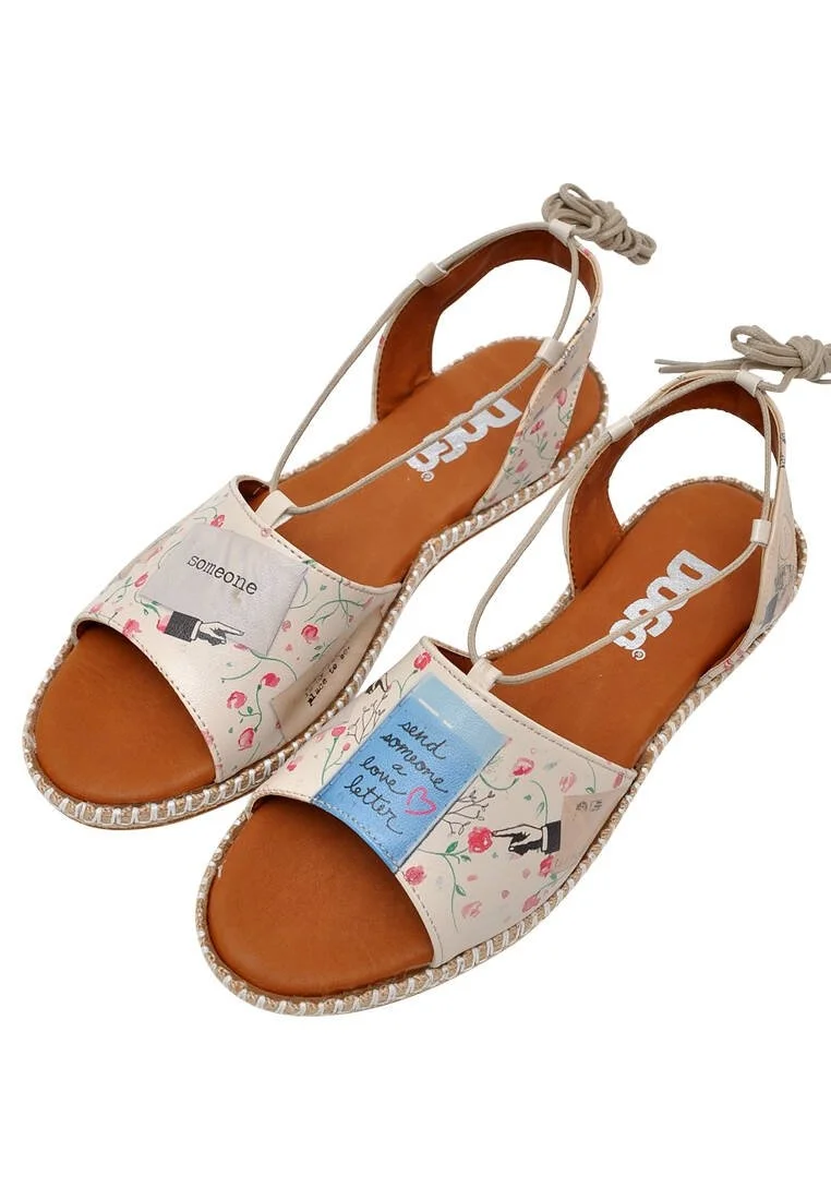 Femme Cuir Vegan Beige Sandales à Lacets - Love Letter Motif