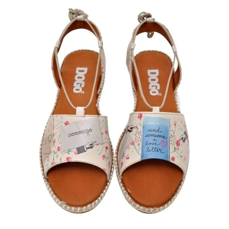 Femme Cuir Vegan Beige Sandales à Lacets - Love Letter Motif