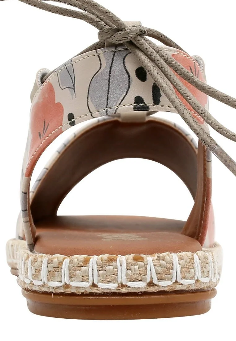 Femme Cuir Vegan Beige Sandales à Lacets - Lost in Pattern Motif