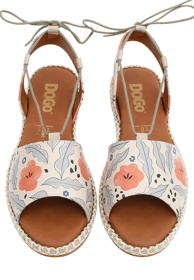 Femme Cuir Vegan Beige Sandales à Lacets - Lost in Pattern Motif