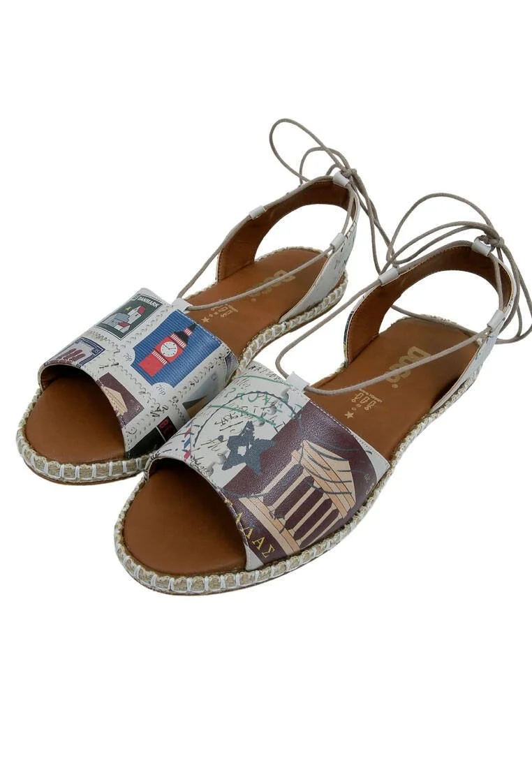Femme Cuir Vegan Beige Sandales à Lacets - Letters from the World Motif