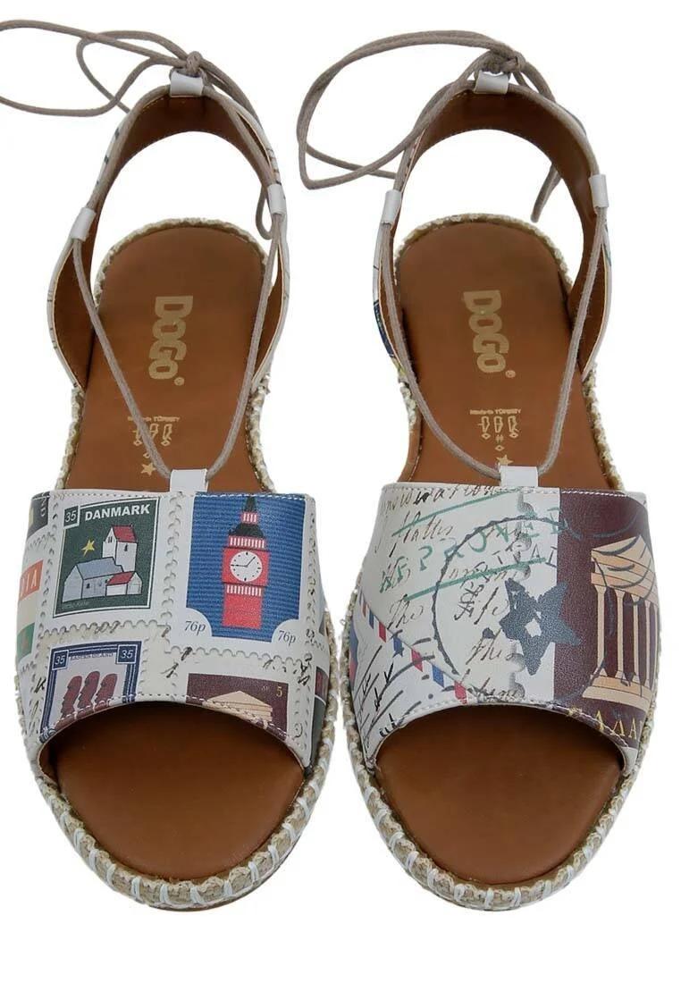 Femme Cuir Vegan Beige Sandales à Lacets - Letters from the World Motif