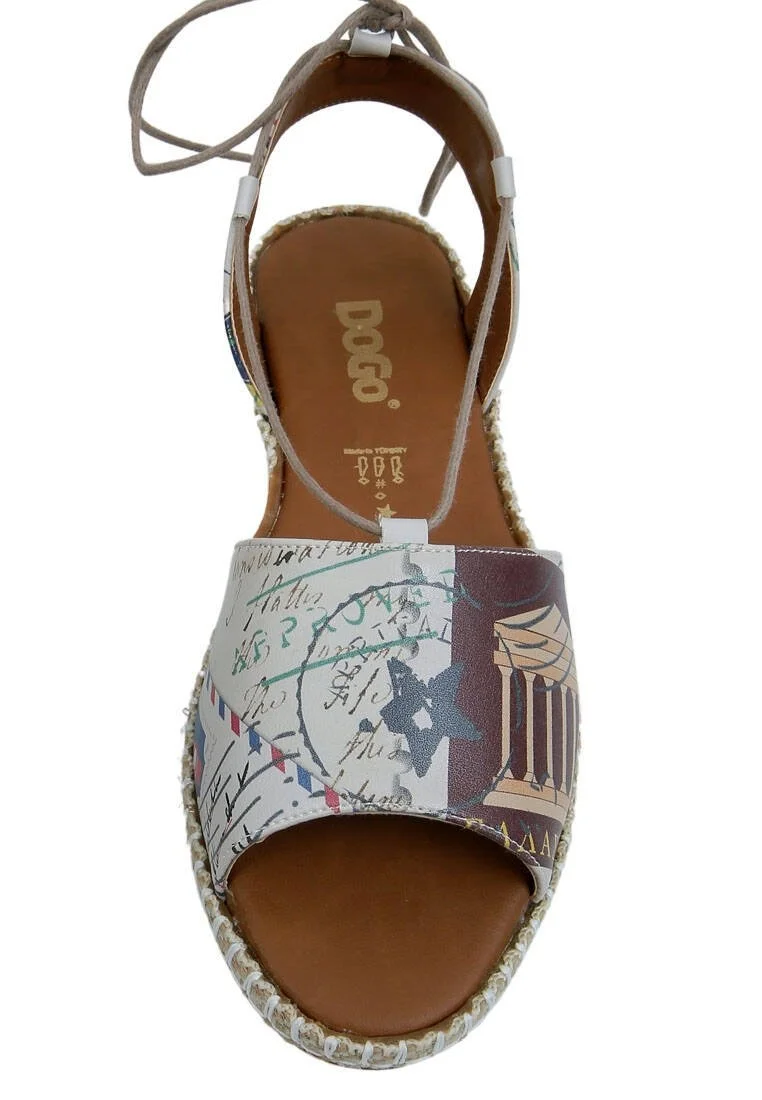 Femme Cuir Vegan Beige Sandales à Lacets - Letters from the World Motif