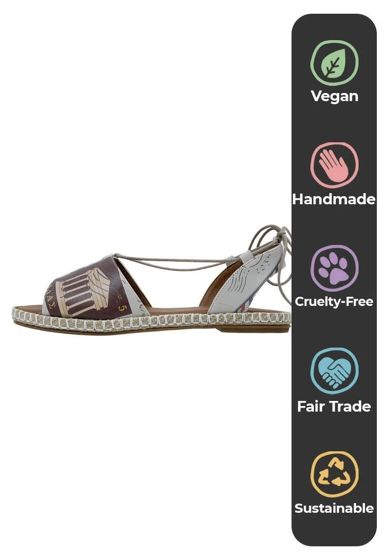 Femme Cuir Vegan Beige Sandales à Lacets - Letters from the World Motif