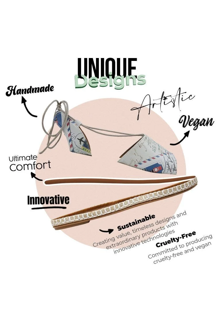 Femme Cuir Vegan Beige Sandales à Lacets - Letters from the World Motif