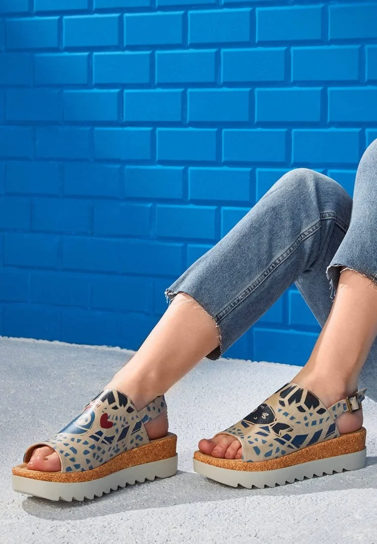 Femme Cuir Vegan Beige Sandales compensées - Fish Love Motif