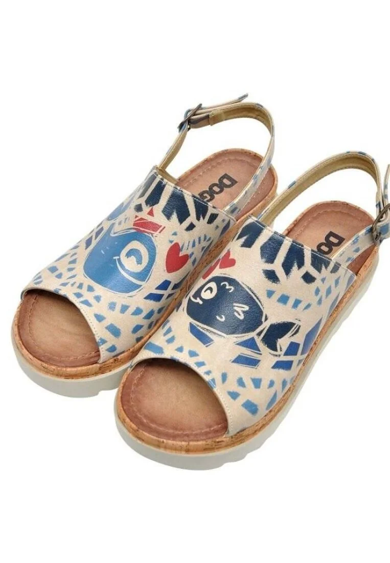 Femme Cuir Vegan Beige Sandales compensées - Fish Love Motif