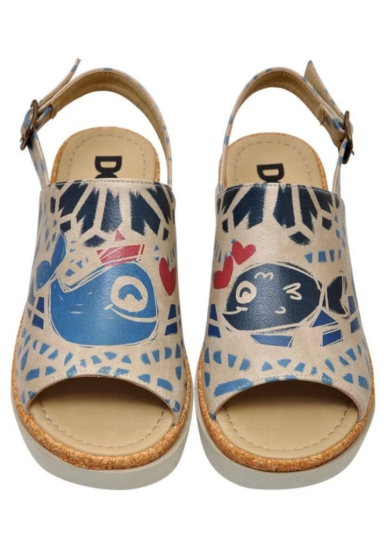 Femme Cuir Vegan Beige Sandales compensées - Fish Love Motif