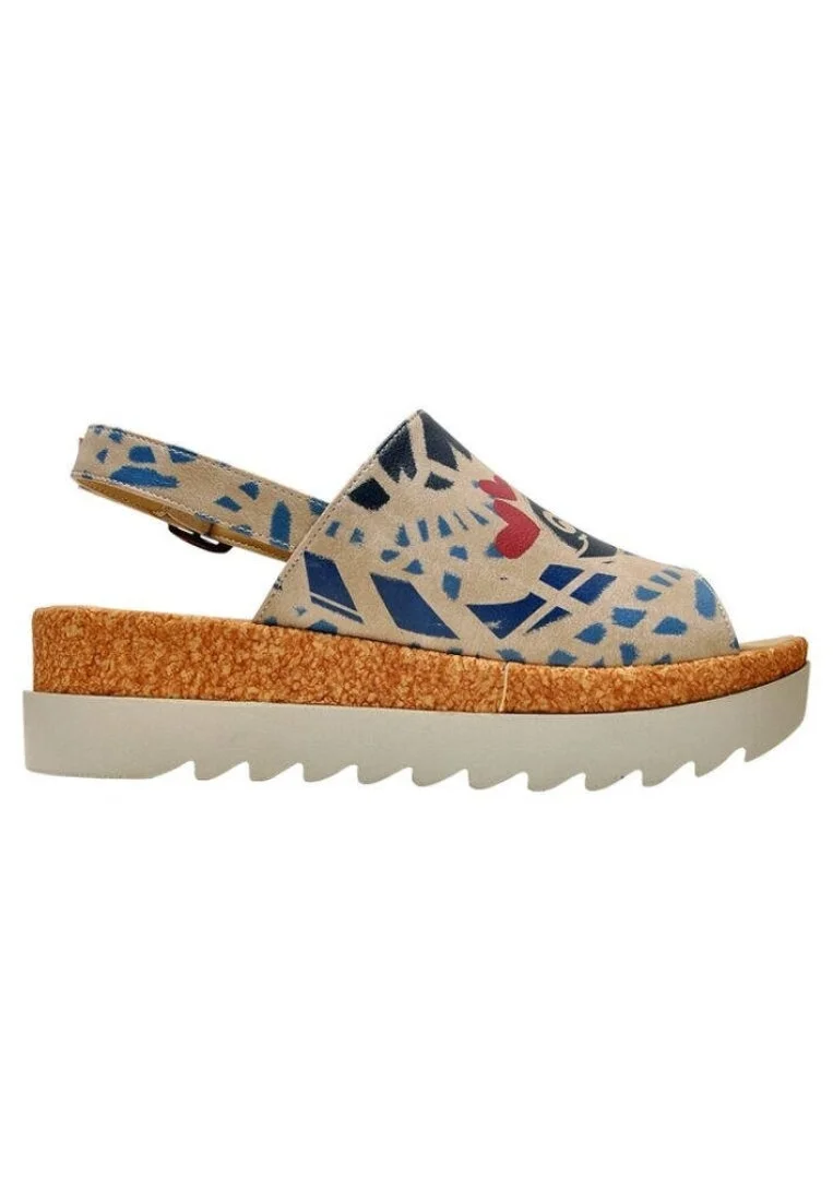 Femme Cuir Vegan Beige Sandales compensées - Fish Love Motif