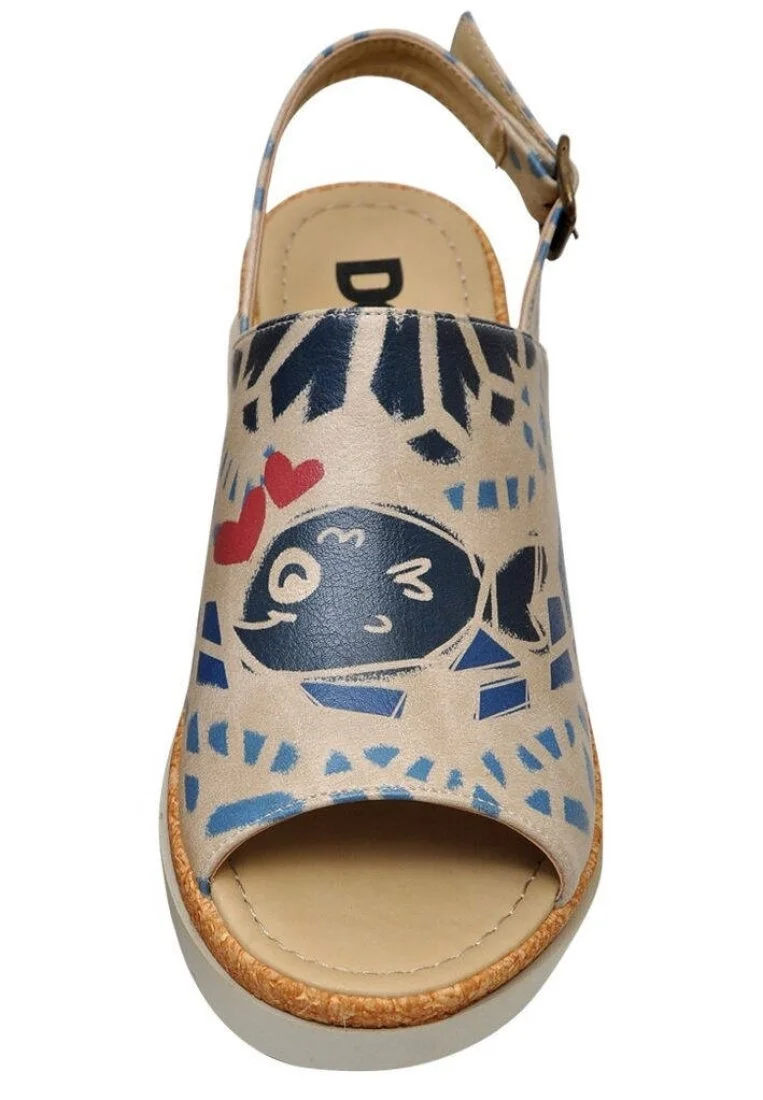 Femme Cuir Vegan Beige Sandales compensées - Fish Love Motif
