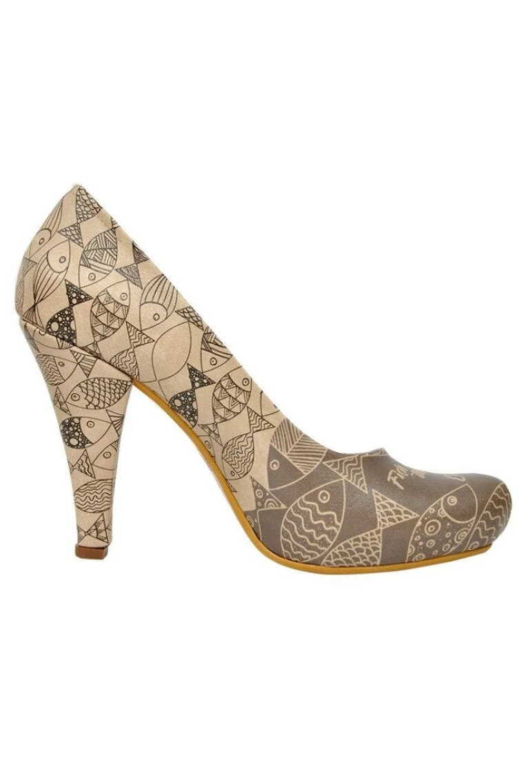 Femme Cuir Vegan Beige Talons Hauts - Fish Knows Motif