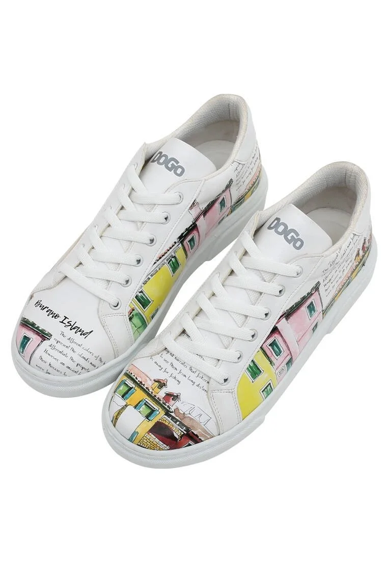 Femme Cuir Vegan Blanc Baskets - Burano Island Motif