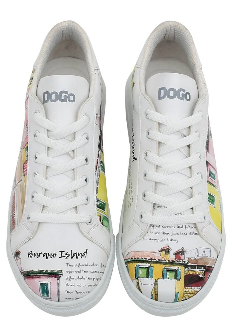 Femme Cuir Vegan Blanc Baskets - Burano Island Motif