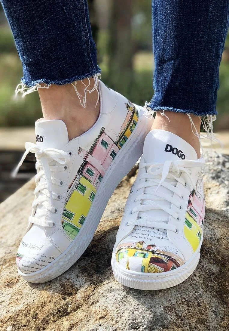 Femme Cuir Vegan Blanc Baskets - Burano Island Motif