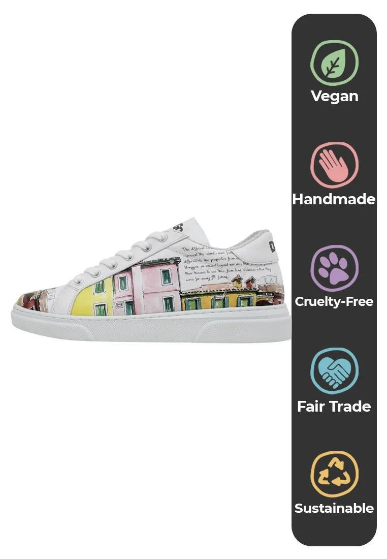 Femme Cuir Vegan Blanc Baskets - Burano Island Motif