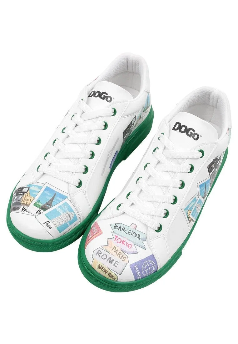 Femme Cuir Vegan Blanc Baskets - Ready to Travel Motif