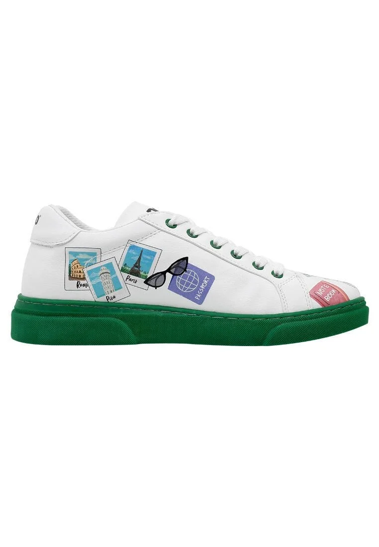 Femme Cuir Vegan Blanc Baskets - Ready to Travel Motif
