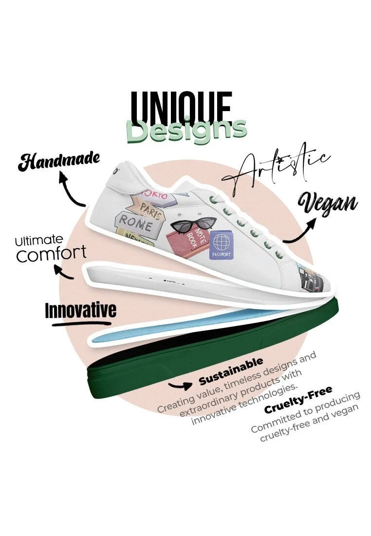 Femme Cuir Vegan Blanc Baskets - Ready to Travel Motif