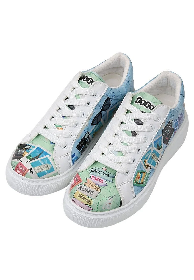 Femme Cuir Vegan Blanc Baskets - Ready to Travel Motif