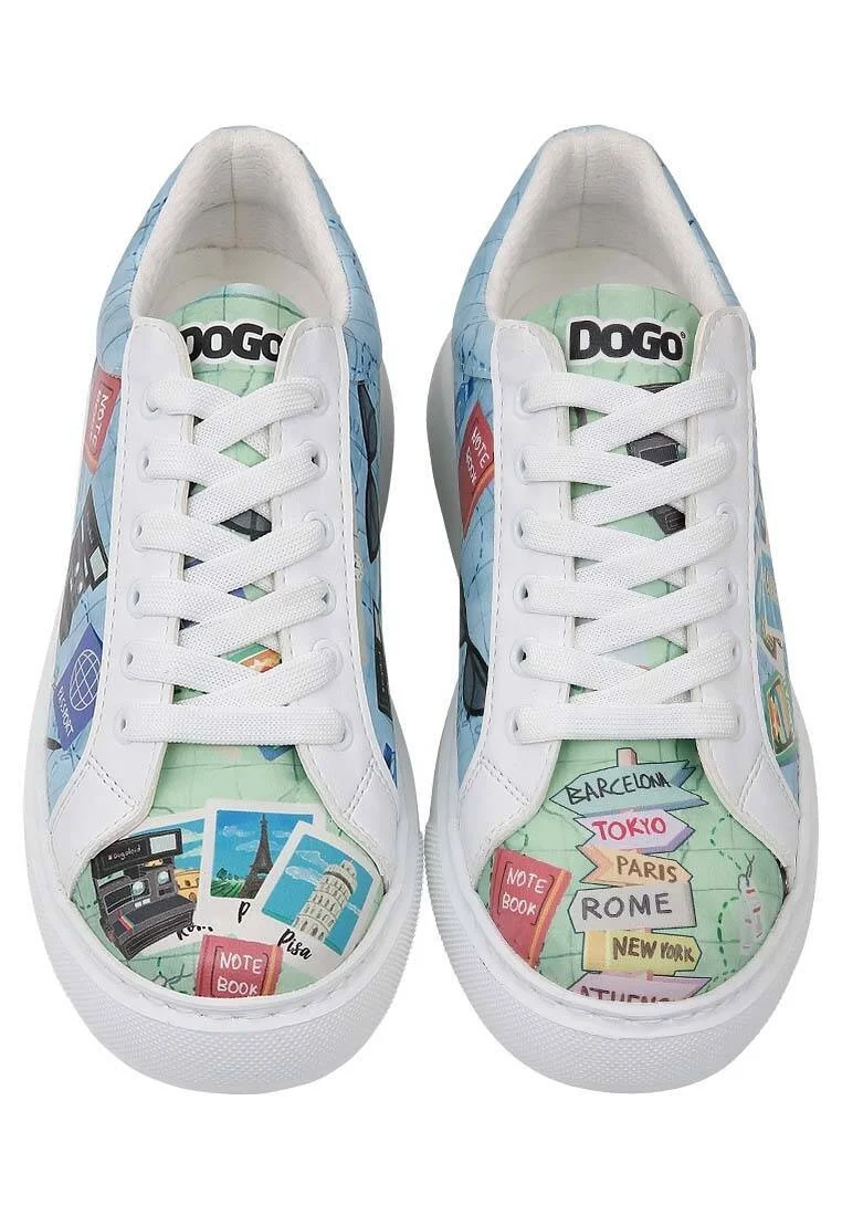 Femme Cuir Vegan Blanc Baskets - Ready to Travel Motif