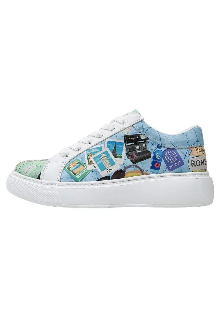 Femme Cuir Vegan Blanc Baskets - Ready to Travel Motif