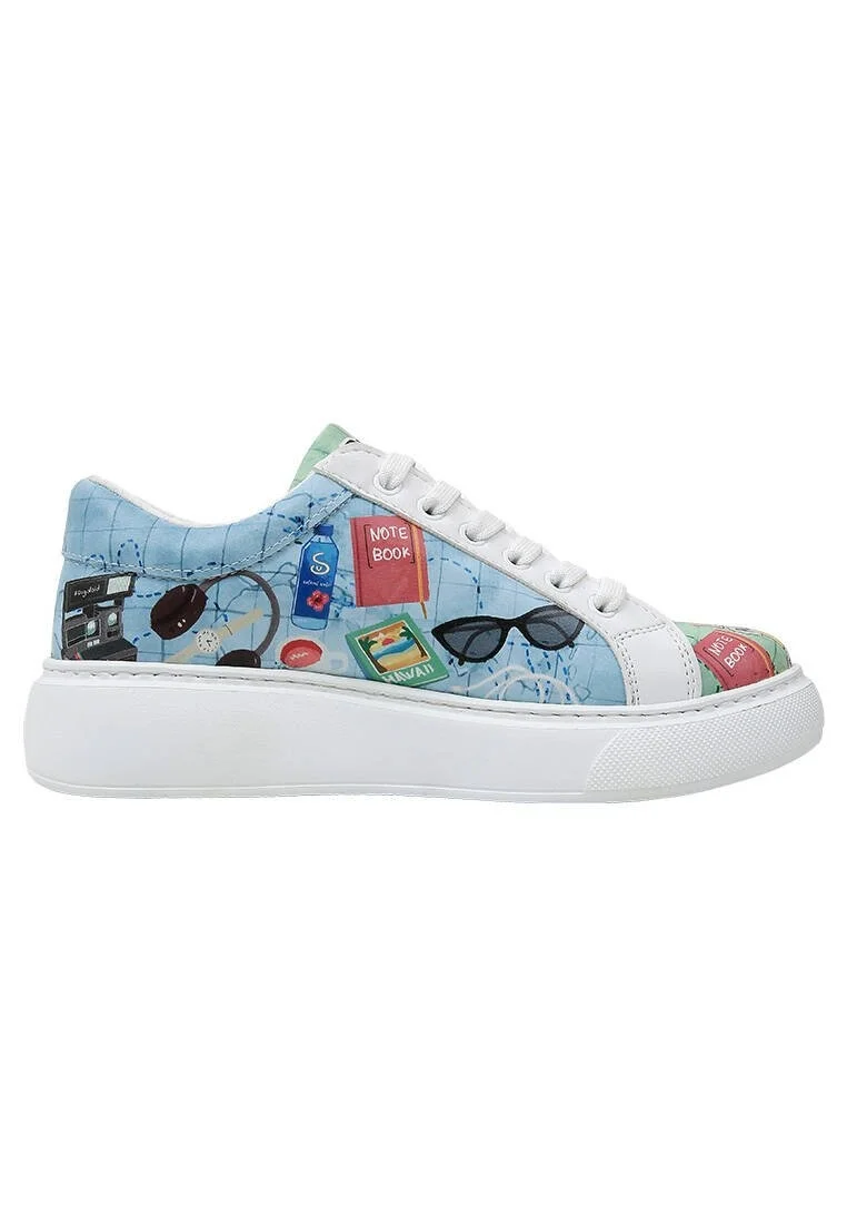 Femme Cuir Vegan Blanc Baskets - Ready to Travel Motif