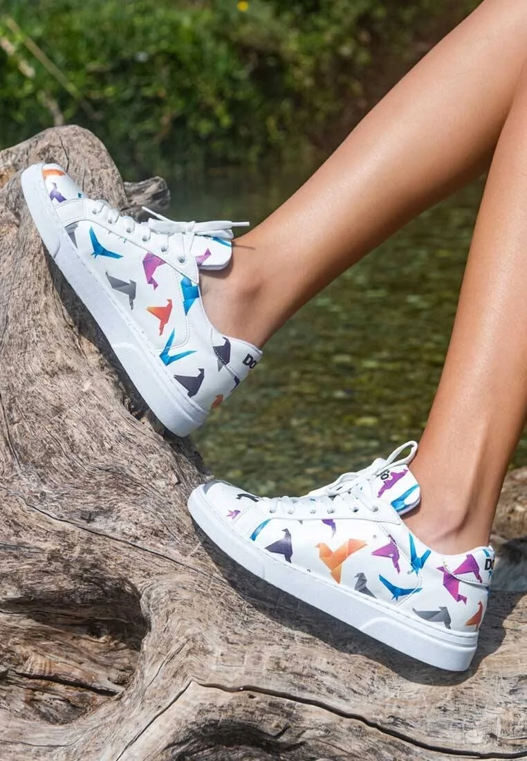 Femme Cuir Vegan Blanc Baskets - Paper Like Motif
