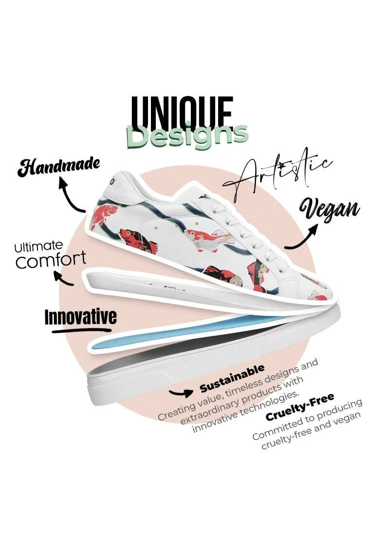 Femme Cuir Vegan Blanc Baskets - Koi World Motif